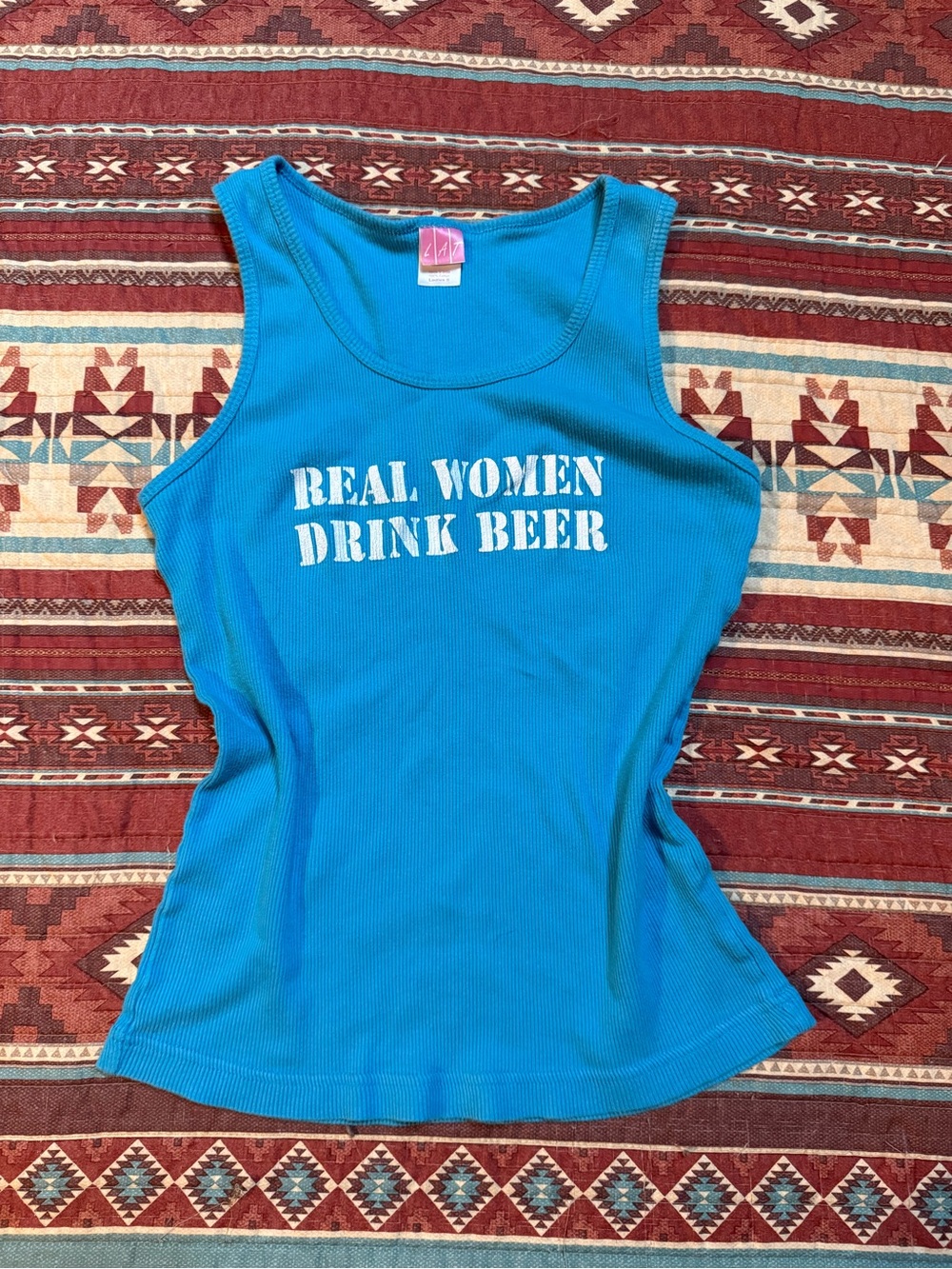 Vintage Blue Ribbed Graphic Tank Top — "Real Women Drink Beer" size small